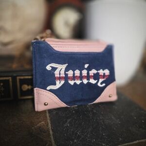 Juicy Couture Bifold Wallet Navy Blue Velour Pink Faux Leather Heart Charm Y2K